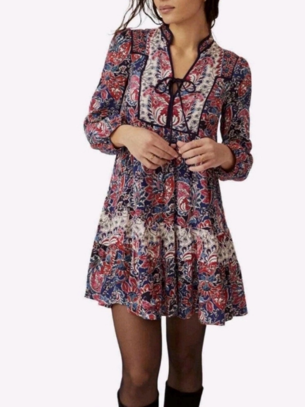 Anthropologie Paisley Dress in Navy, Red & Cream